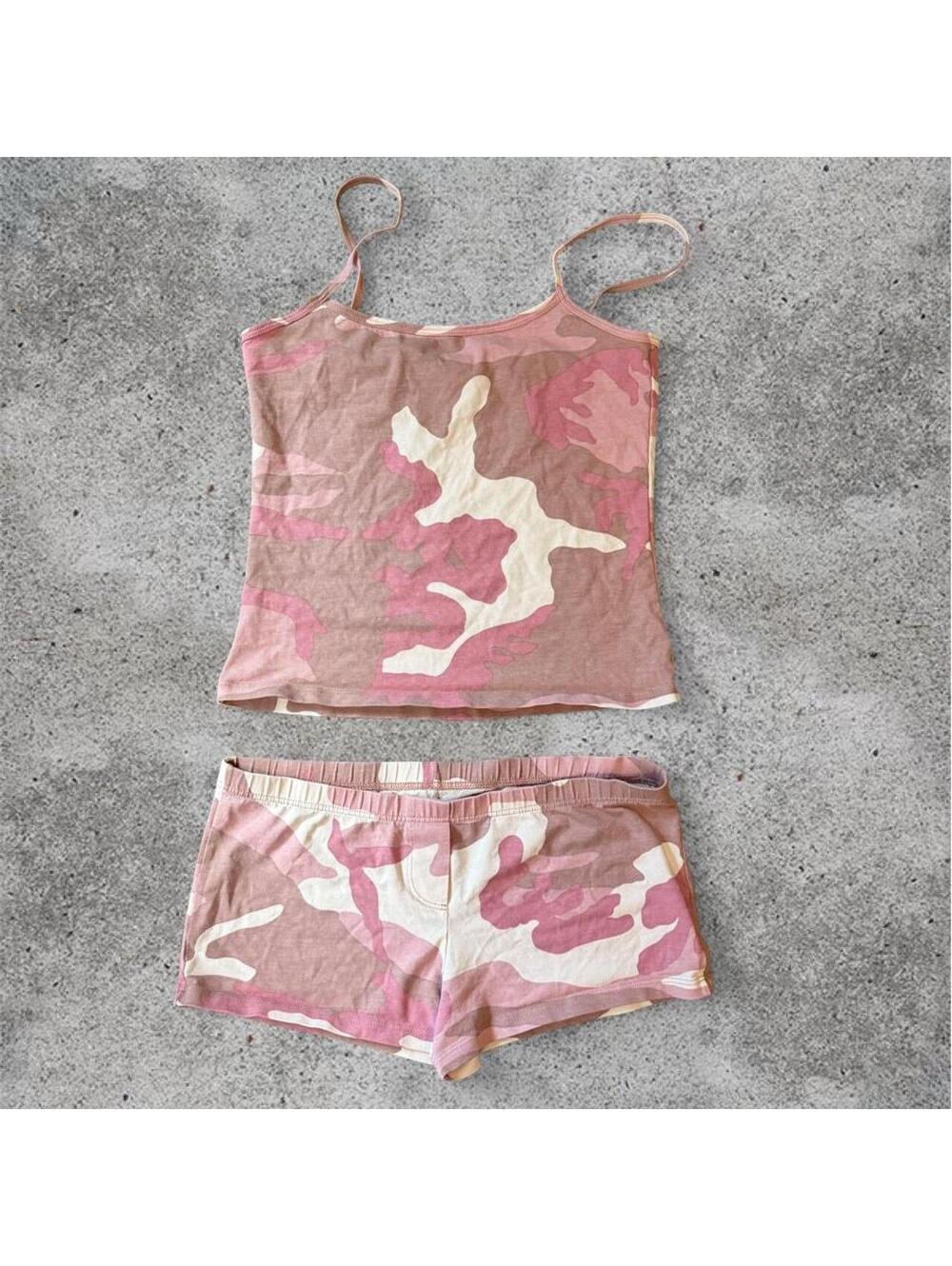 Brandy Melville set of pink camo tank + pink camo boxer shorts